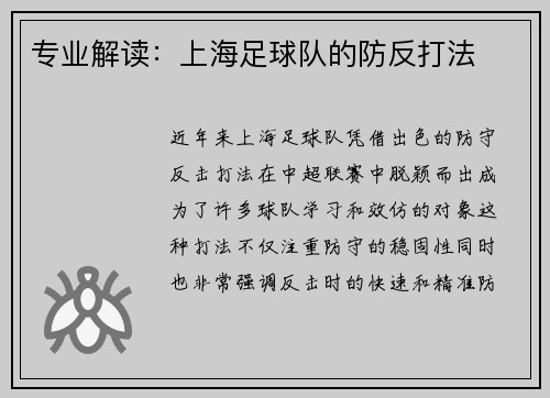 专业解读：上海足球队的防反打法