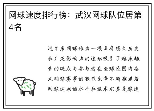 网球速度排行榜：武汉网球队位居第4名