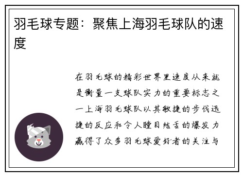 羽毛球专题：聚焦上海羽毛球队的速度