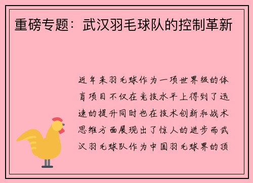 重磅专题：武汉羽毛球队的控制革新