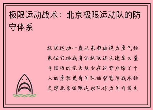 极限运动战术：北京极限运动队的防守体系