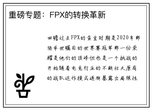 重磅专题：FPX的转换革新